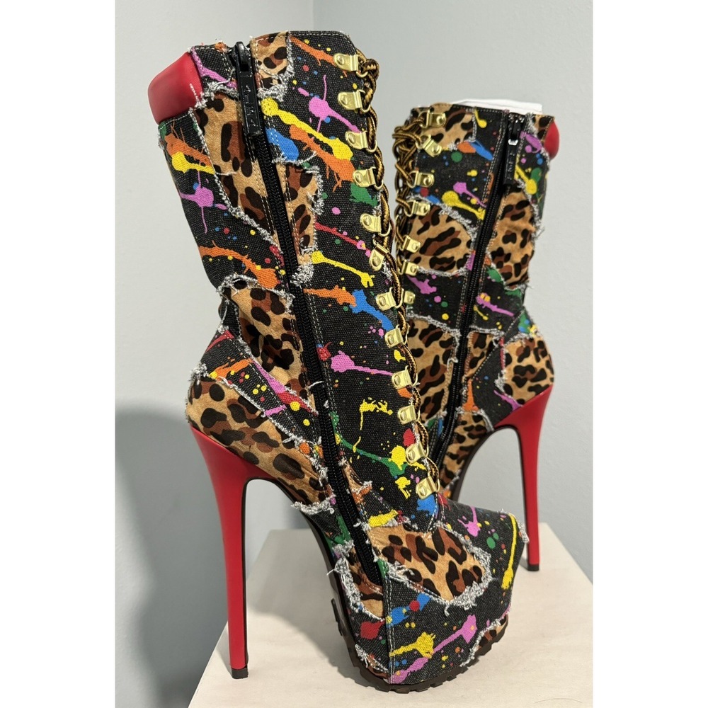 Alba Womens Printed D-Ring Lace Up Stiletto Pointy Mid Calf Platform Booties 7 - Picture 7 of 10